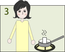 ３．熱燗を作る様に、鍋に水を張り瓶を入れふつふつと一煮立ちさせる。