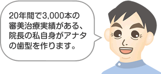 20年間で3,000本の審美治療実績がある、院長の私自身がアナタの歯型を作ります。